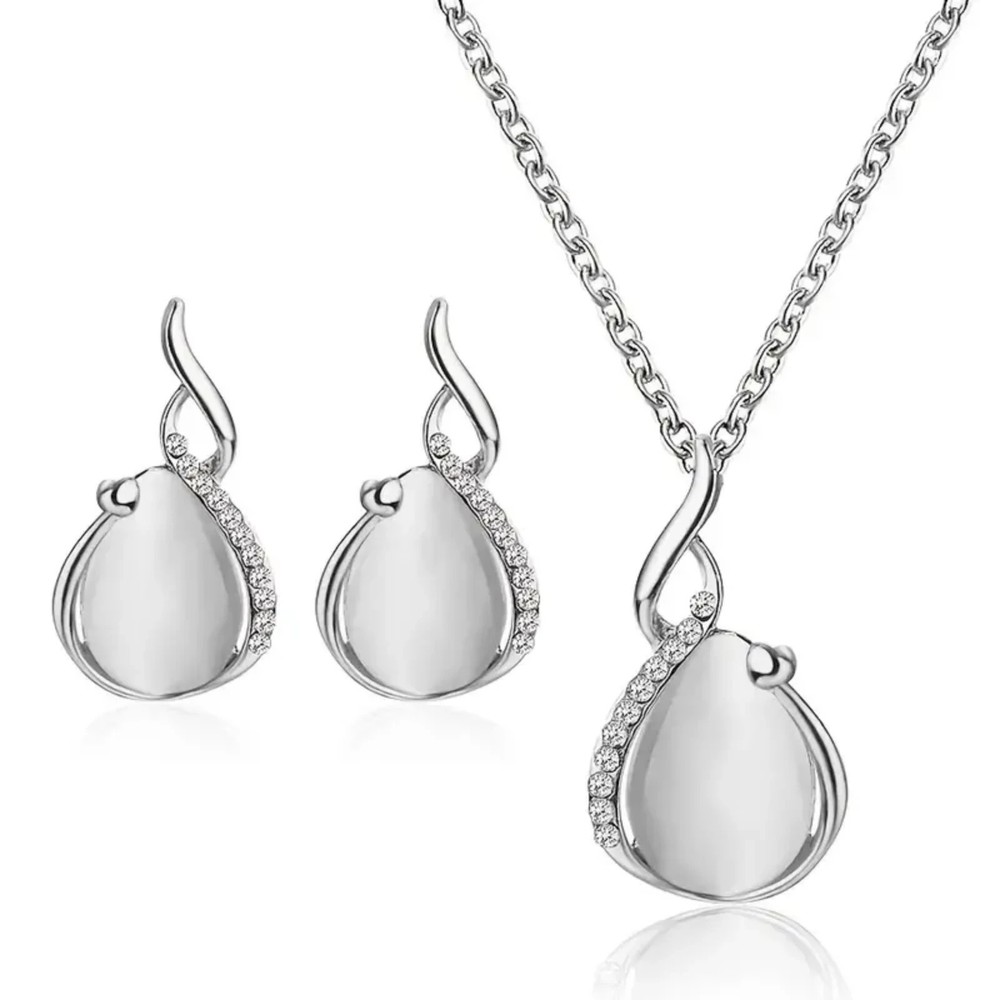 Women's Silver Plated Waterdrop Opal Necklace & Stud Earrings Jewelry Set